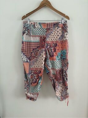 Chico's Patchwork Print Cropped Capris in Coral, Teal, Navy